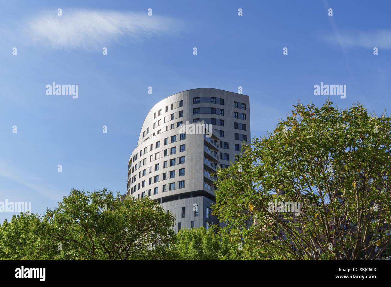 Edificio moderno curvo sullo sfondo, alberi in primo piano, cielo blu, Bilbao, Paesi Baschi, Spagna, Europa Foto Stock