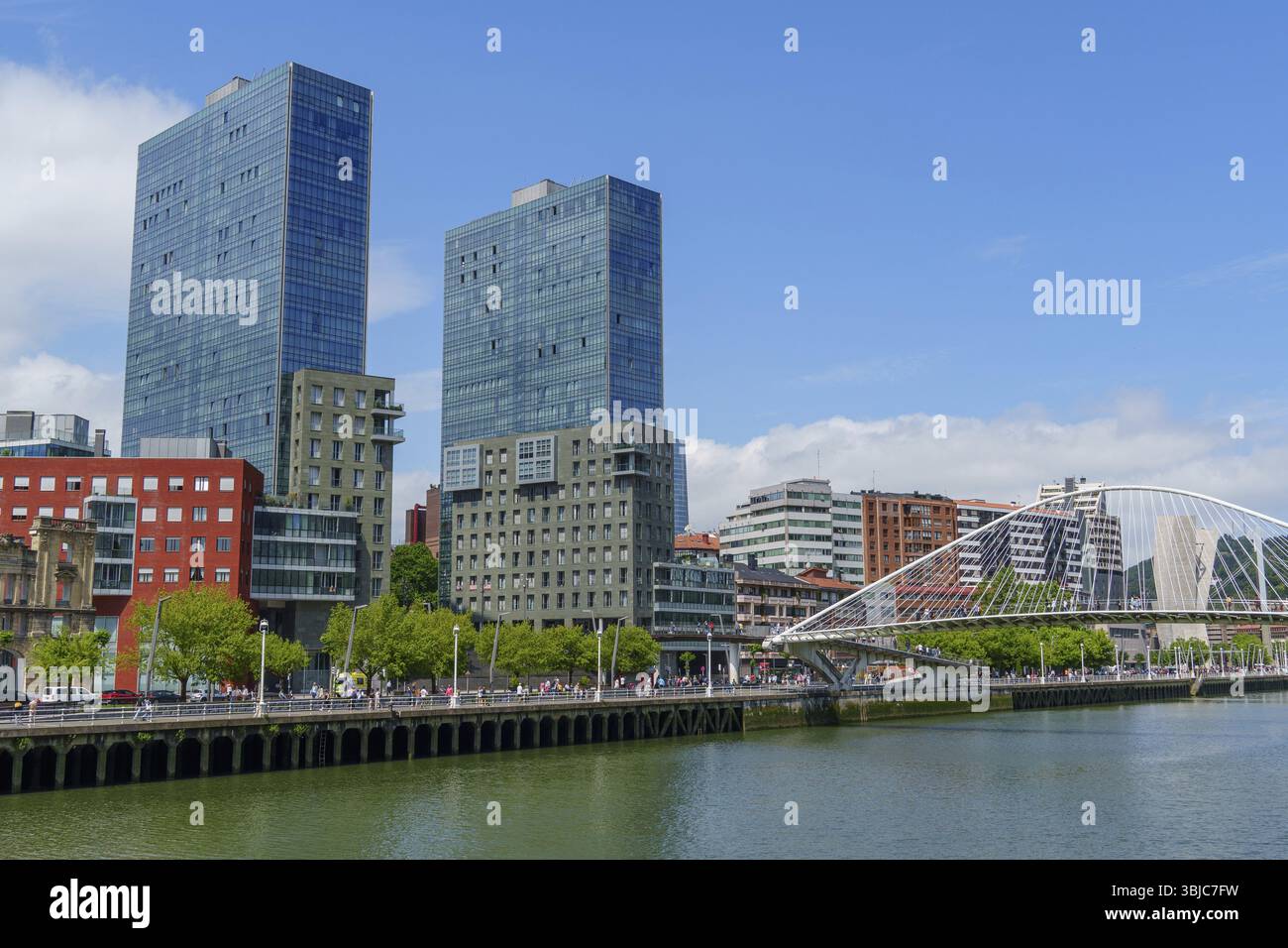 Paesaggio urbano con due grattacieli e un ponte curvo su un fiume, Bilbao, Paesi Baschi, Spagna, Europa Foto Stock