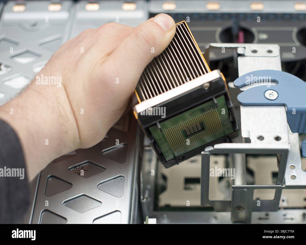Tecnico informatico che installa la CPU nella scheda madre Foto Stock