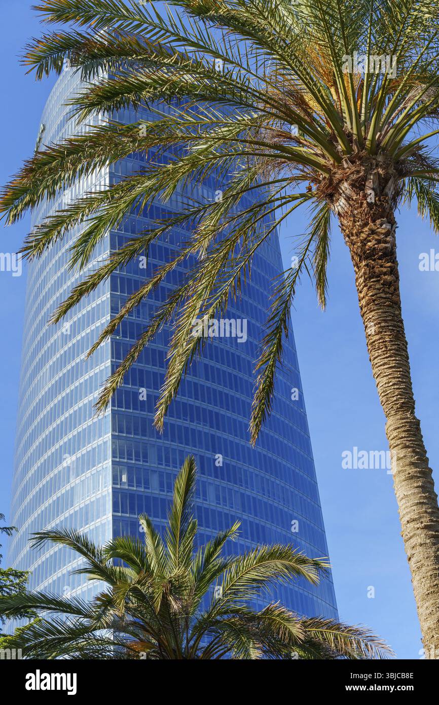 Moderna facciata in vetro di un grattacielo dietro le palme al sole, Bilbao, Paesi Baschi, Spagna, Europa Foto Stock