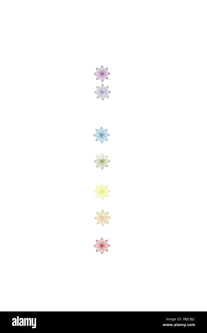 Chakra isolati su sfondo bianco. Sette colorati simboli chakra isolati su sfondo bianco Foto Stock