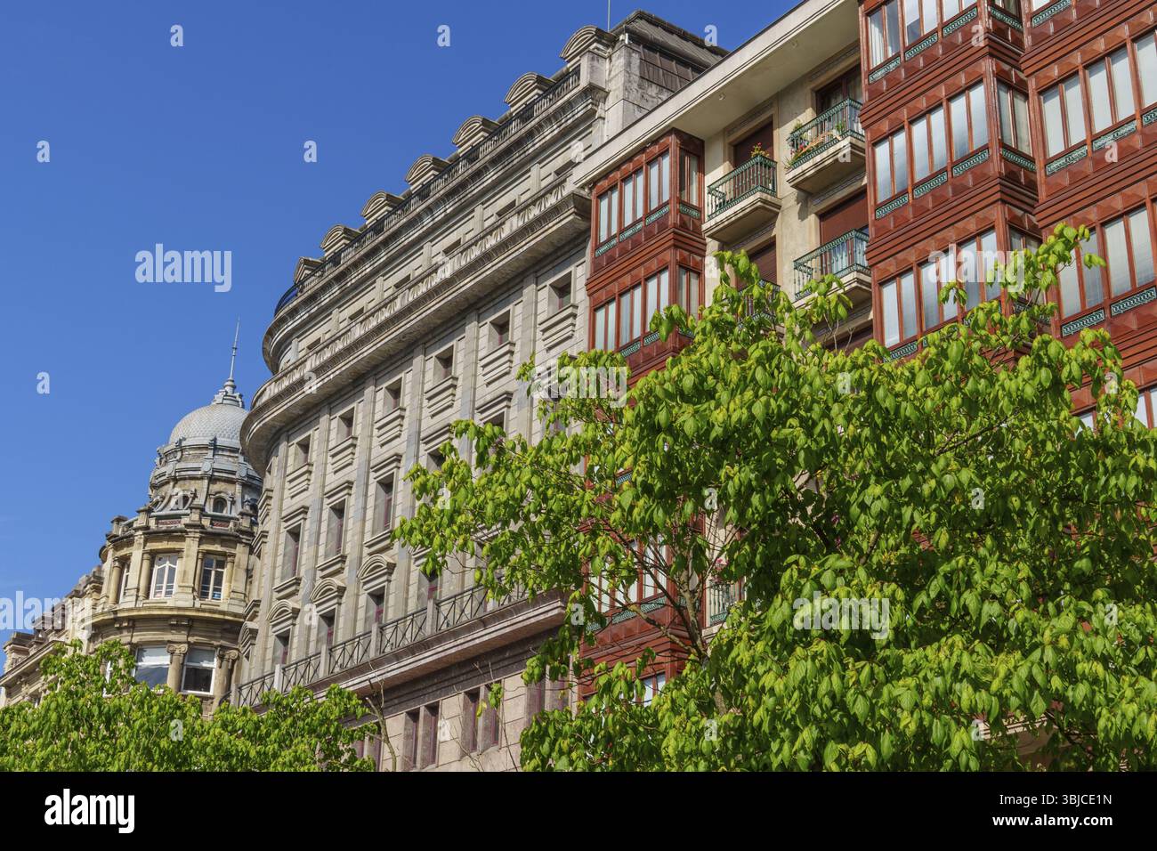 Architettura tradizionale con alberi verdi e cielo azzurro, Bilbao, Paesi Baschi, Spagna, Europa Foto Stock