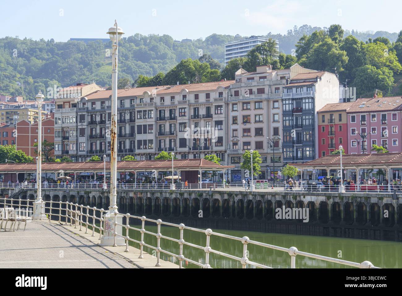 Case colorate lungo un fiume, circondate da colline e natura, Bilbao, Paesi Baschi, Spagna, Europa Foto Stock