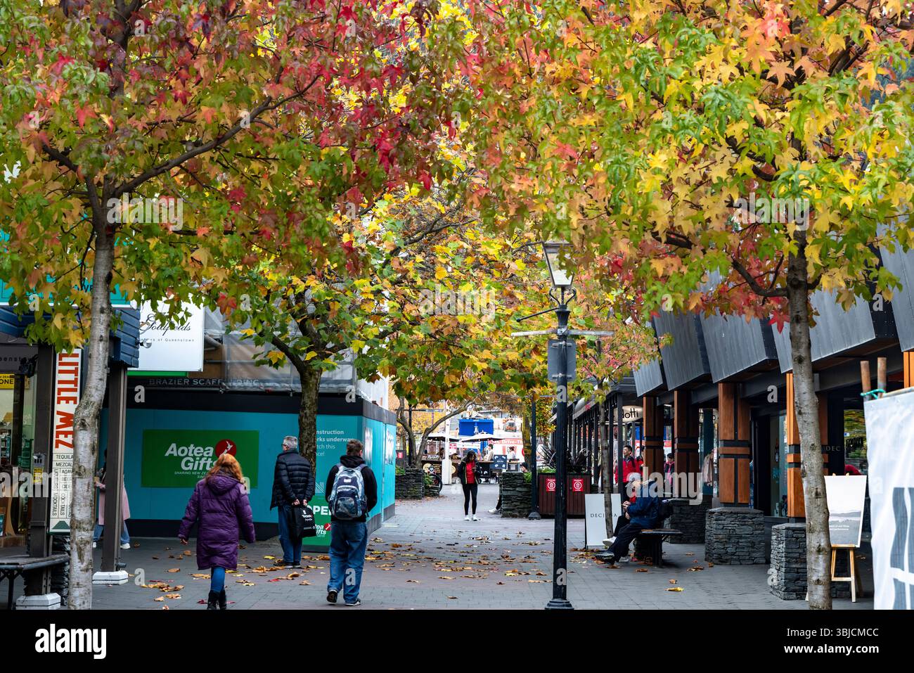 The Mall nel centro di Queenstown, foglie autunnali rosse e marroni sugli alberi di Queenstown, regione di Otago, Isola del Sud, nuova Zelanda Foto Stock