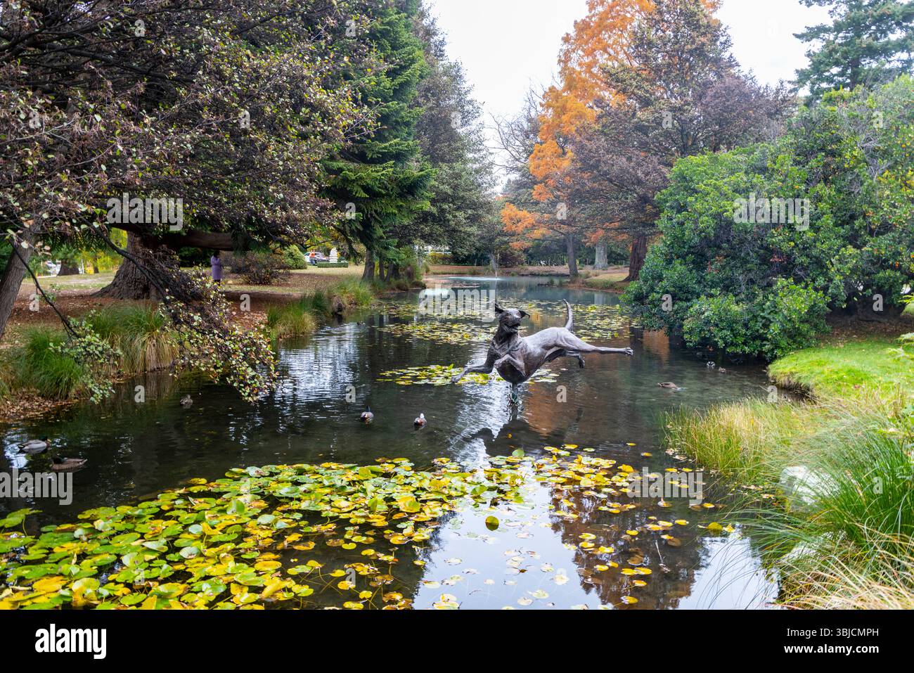 Queenstown Gardens e area parco con la scultura Kuri dog di Richard Wells nel lago con giardini botanici, Otago, South Island, nuova Zelanda Foto Stock