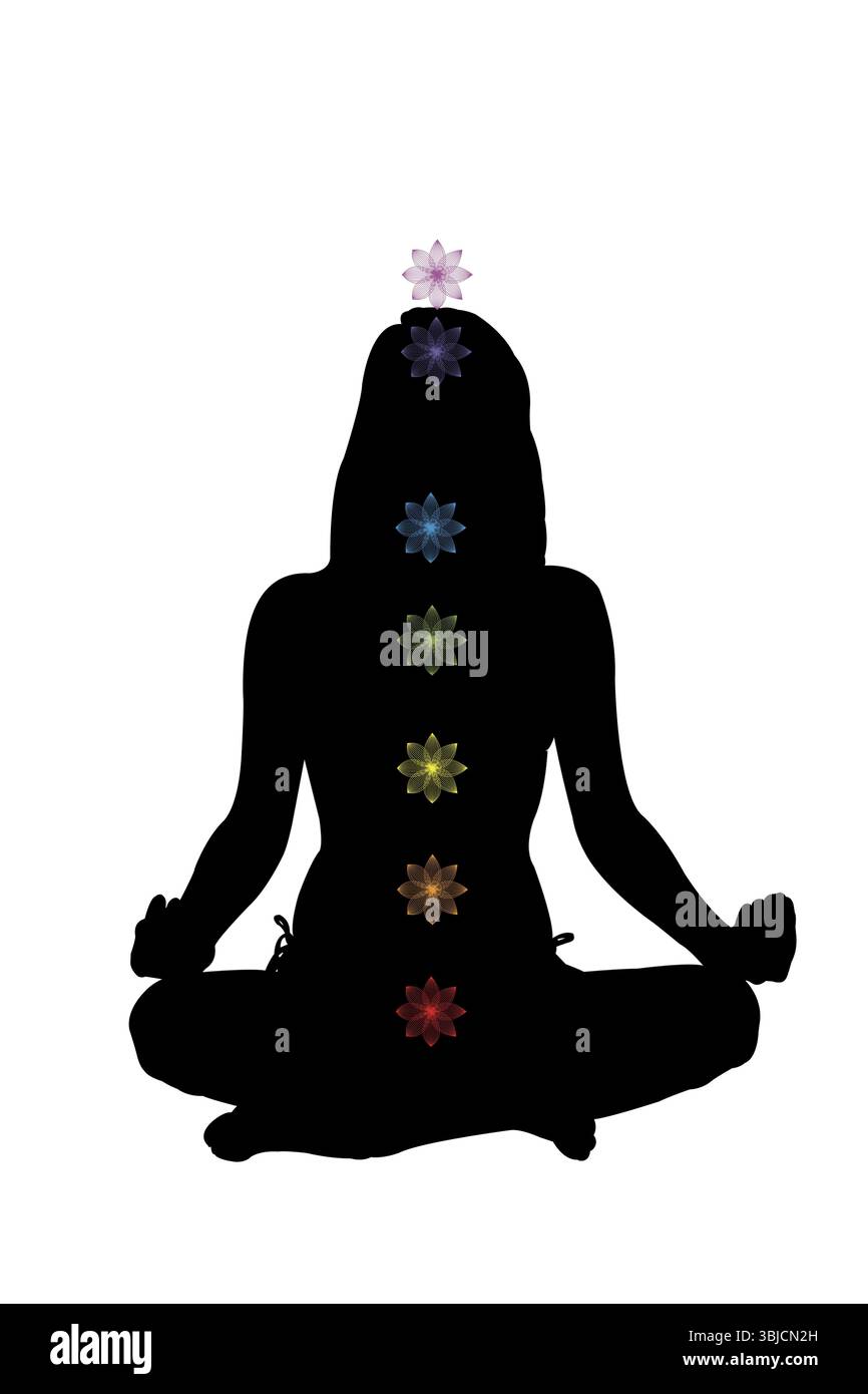 Bella ragazza seduta in posizione di loto con un'illustrazione di chackra. Illuminazione, pratica, yoga e coscienza Foto Stock