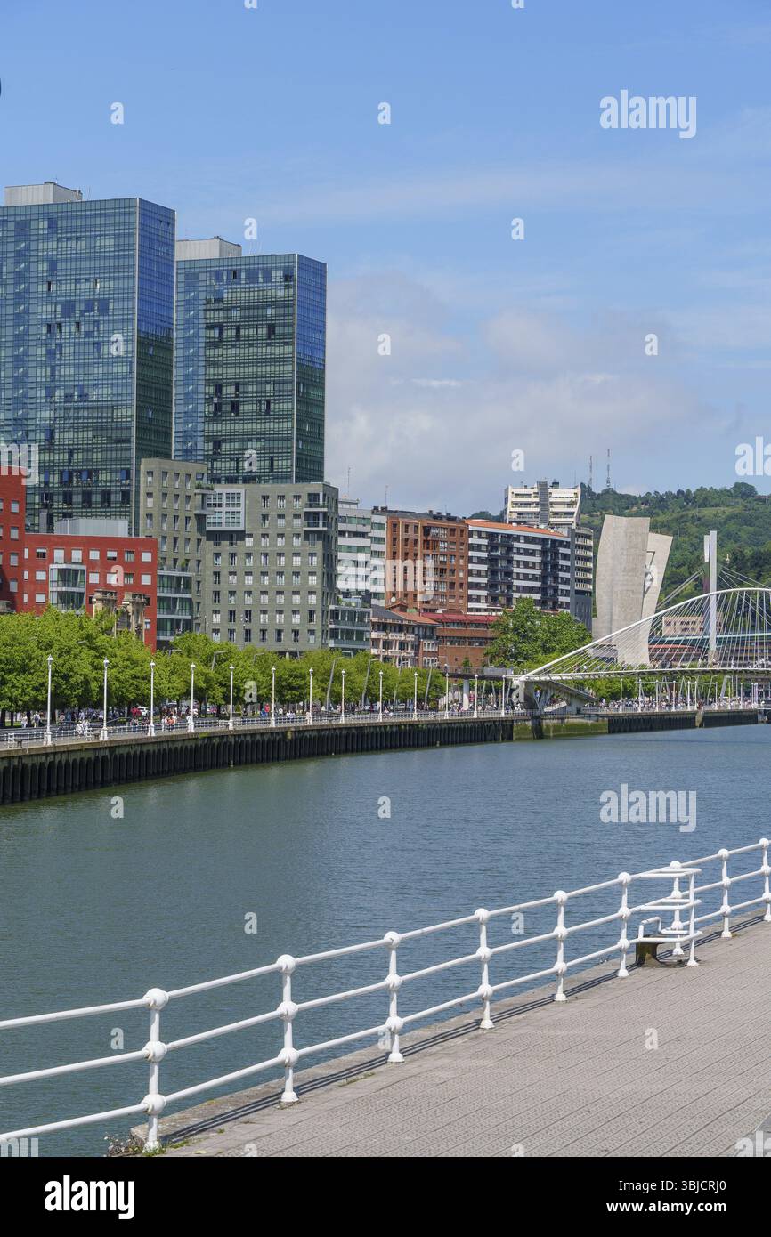 Panorama di un fiume con edifici moderni e un ponte sotto un cielo limpido, Bilbao, Paesi Baschi, Spagna, Europa Foto Stock