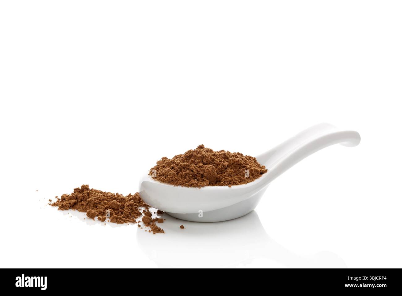 Fungo reishi secco polverizzato su cucchiaio isolato su sfondo bianco. Medicina tradizionale cinese, rimedio a base di erbe Foto Stock