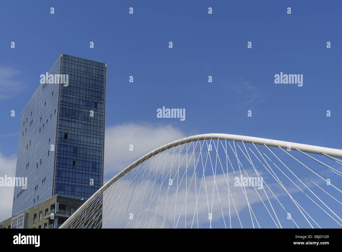 Alto edificio con cavo ponte sotto un cielo limpido, Bilbao, Paesi Baschi, Spagna, Europa Foto Stock