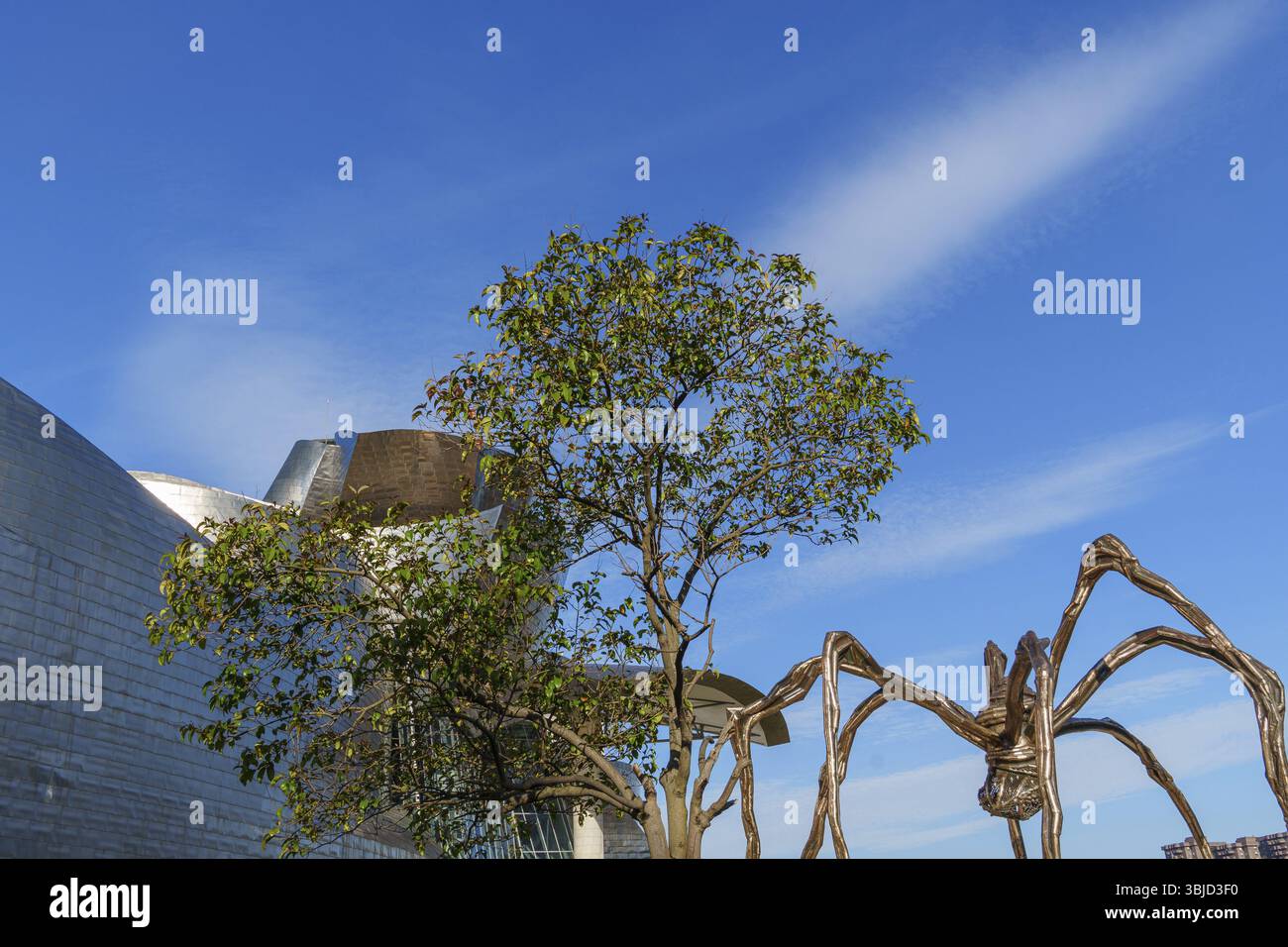 Una grande scultura di ragno accanto a un edificio moderno sotto un cielo blu, Bilbao, Paesi Baschi, Spagna, Europa Foto Stock