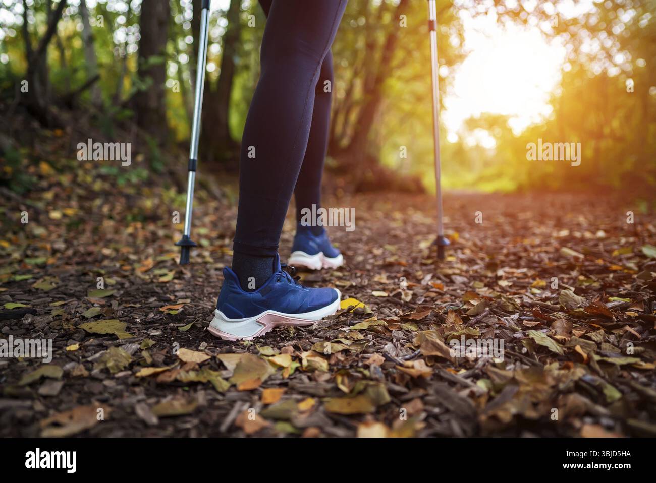 Donna con bastoncini da trekking. Nordic walking Foto Stock