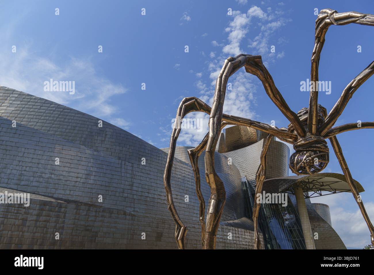 Una scultura di ragno di fronte a un edificio moderno con una facciata riflettente, Bilbao, Paesi Baschi, Spagna, Europa Foto Stock