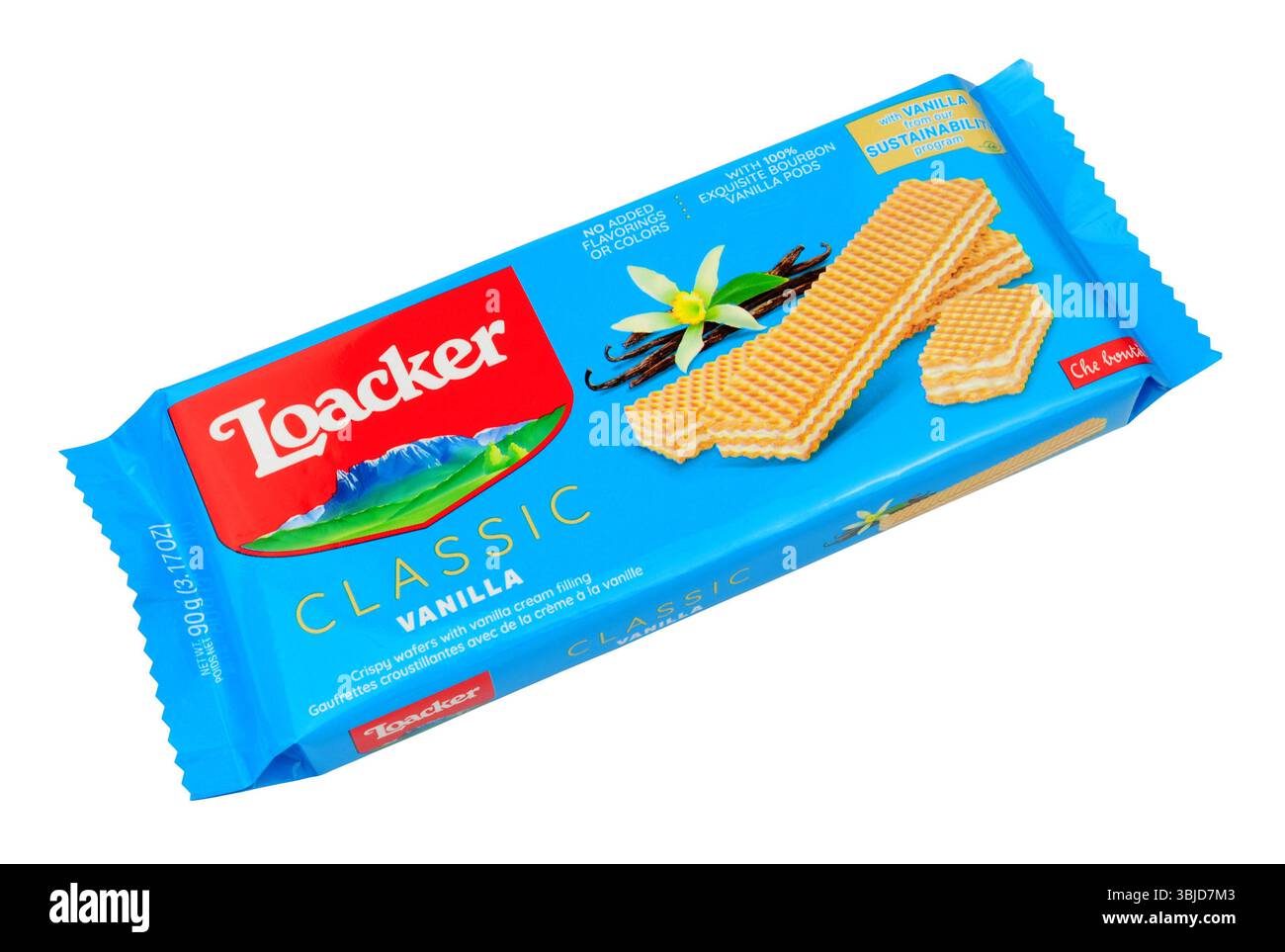 Classici biscotti alla vaniglia Loacker in una confezione da 90 g. Foto Stock
