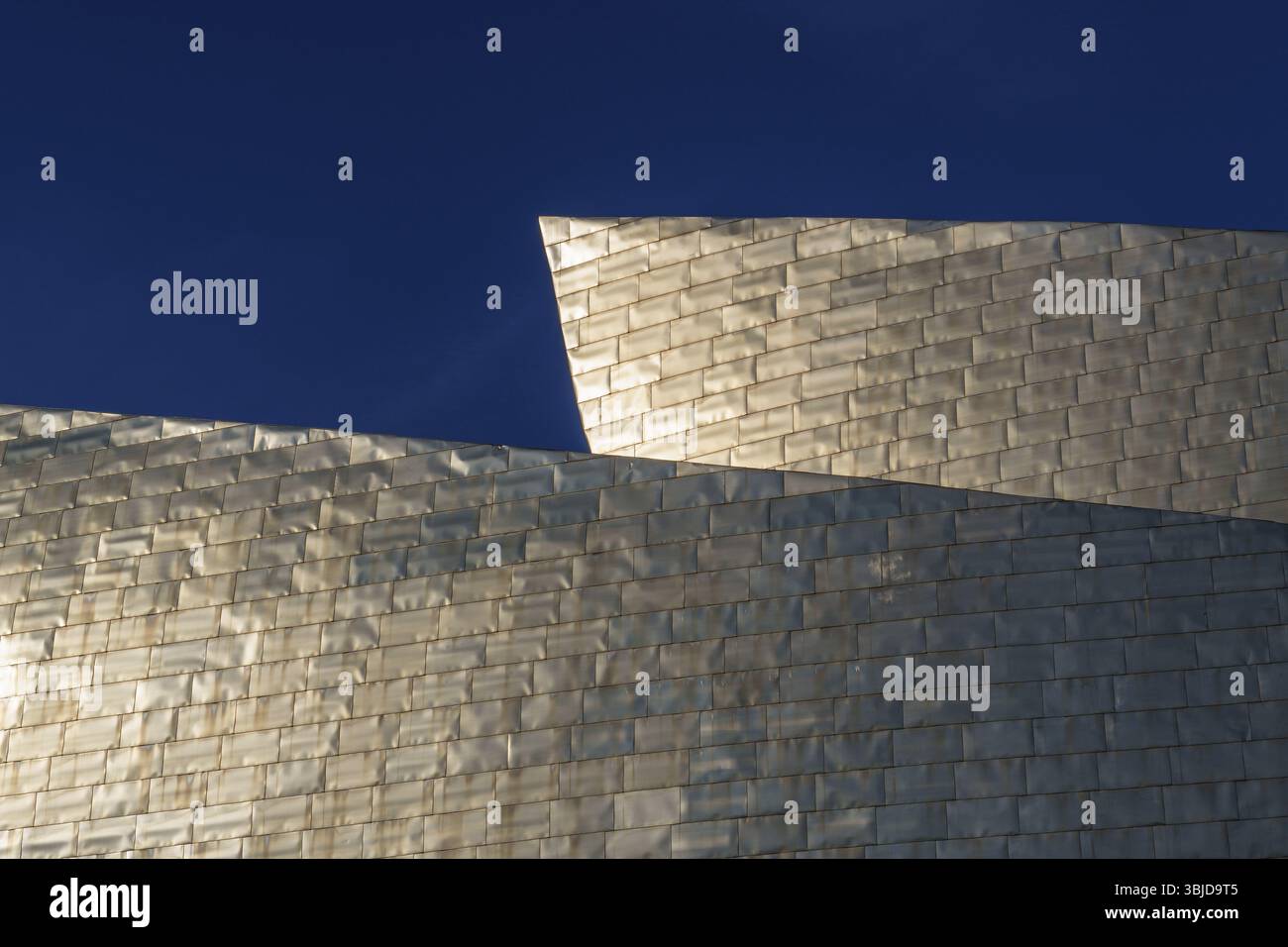 Primo piano di un edificio moderno con struttura metallica contro un cielo azzurro, Bilbao, Paesi Baschi, Spagna, Europa Foto Stock