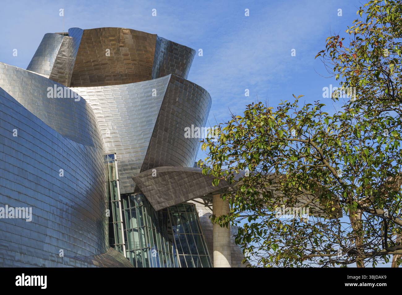 Edificio dall'architettura moderna con alberi vicini sotto un cielo blu, Bilbao, Paesi Baschi, Spagna, Europa Foto Stock
