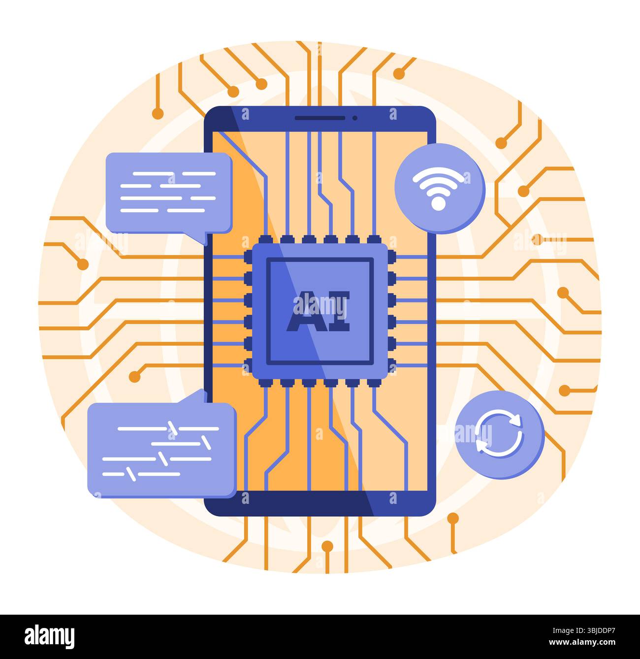 Illustrazione del concetto di elaborazione microchip dello smartphone tramite ai CPU Program System for Artificial Intelligence and Wireless Technology Illustrazione Vettoriale