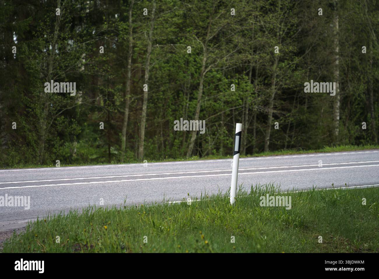 Segnaletica stradale con catarifrangente accanto a una strada di campagna in Finlandia. Foto Stock