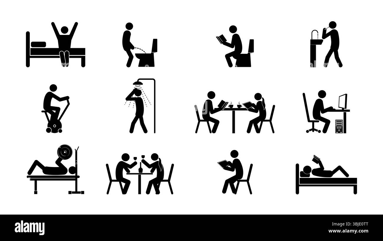 Set di figure stick, routine quotidiana per azioni, illustrazione vettoriale piatta. Illustrazione Vettoriale