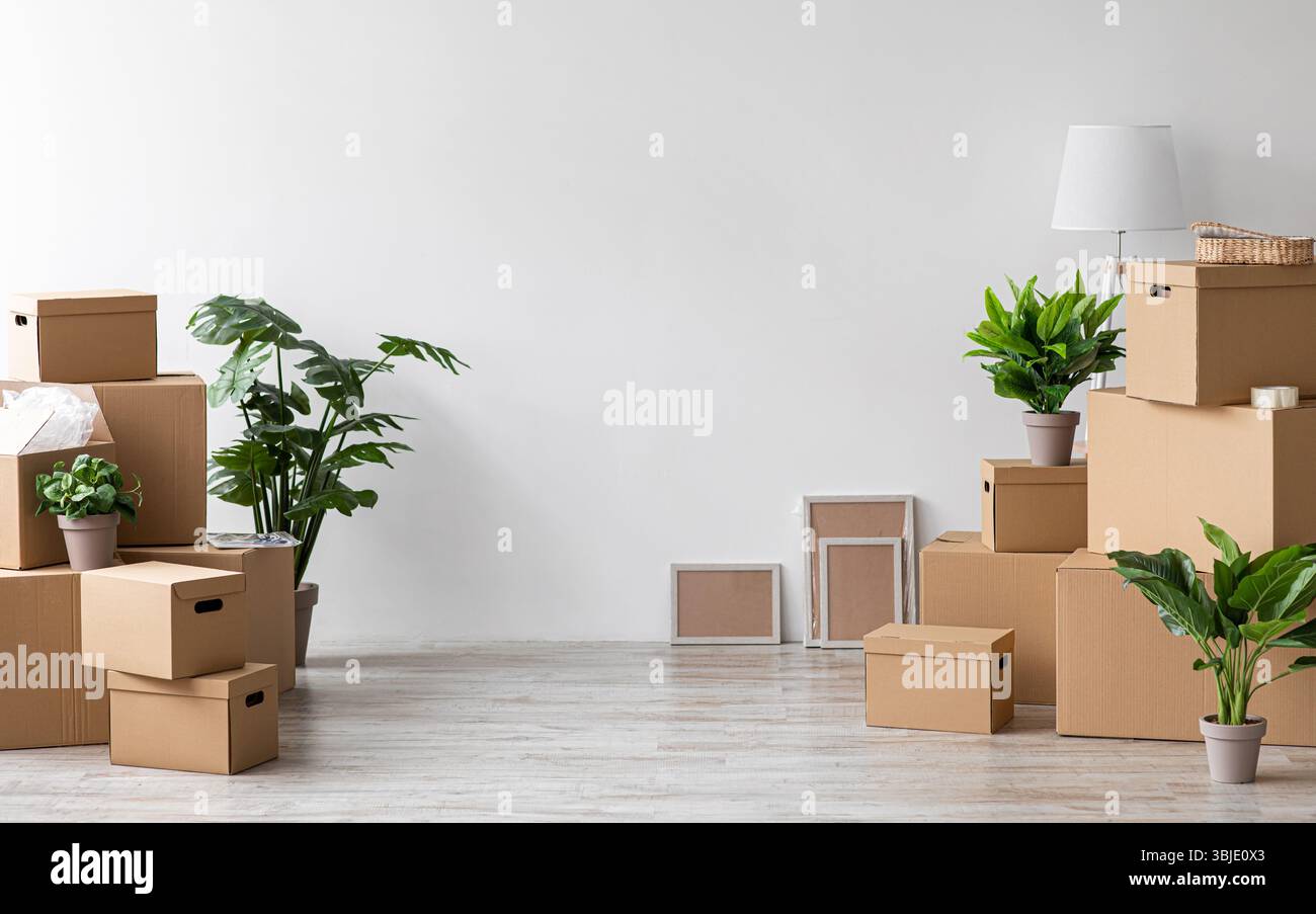 Spostamento a casa propria, appartamento in affitto, acquistare nuova proprietà e blog sul bene immobile, spazio copia Foto Stock