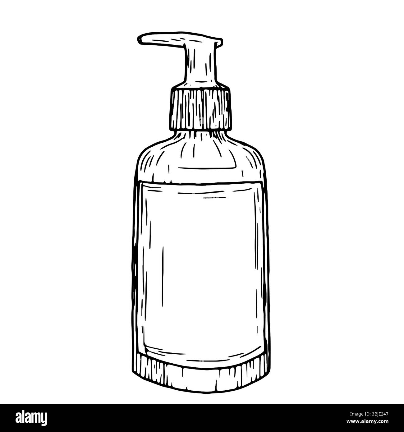 Dispenser di shampoo, disinfettante o sapone liquido, schizzo inchiostro bianco e nero. Illustrazione vettoriale. Flacone con dispenser ed etichetta, isolato su un Illustrazione Vettoriale