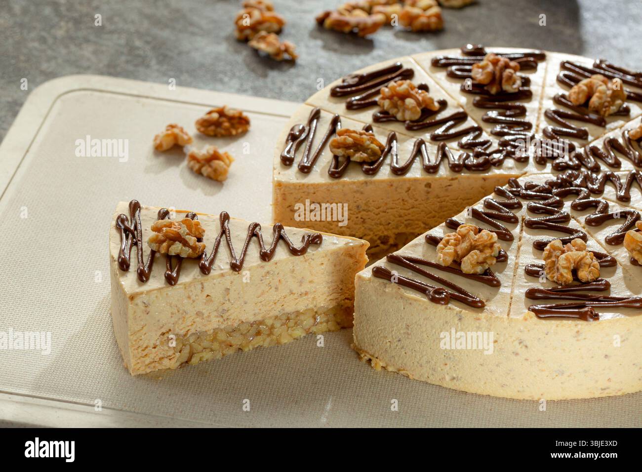 Dessert freddo al cioccolato alla crema di noci, a strati e ricco. Foto Stock