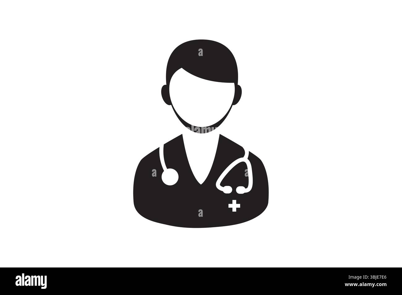 Icona del medico. Un'icona maschile del Dottore che indossa entrambi gli stetoscopi. L'icona minimalista dei medici in bianco e nero Illustrazione Vettoriale