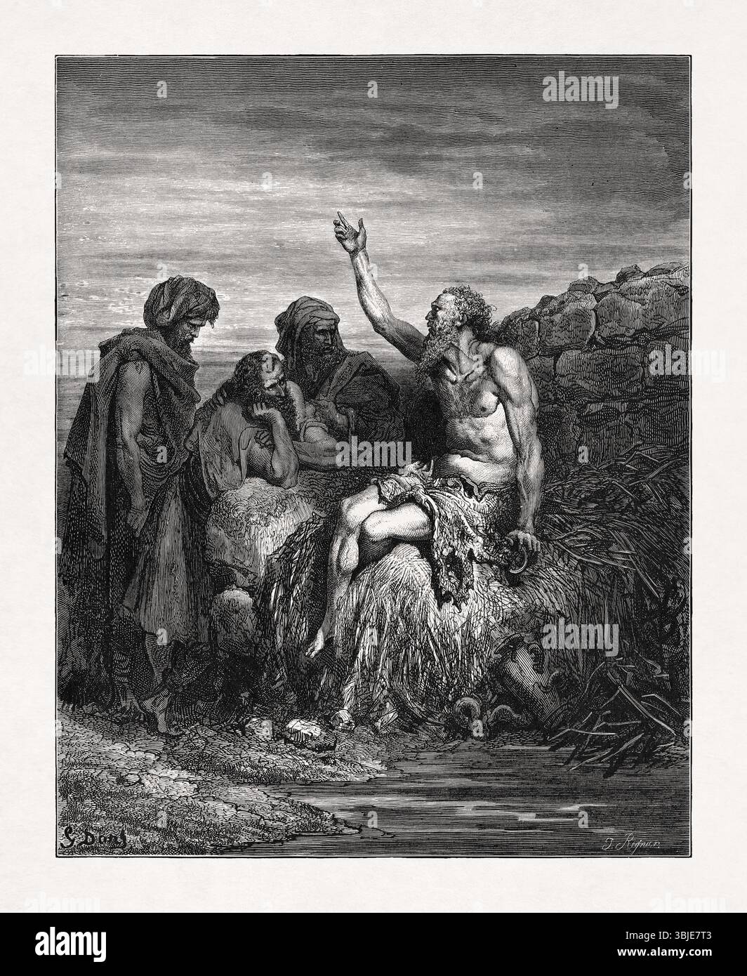 Incisione di Gustave Doré che rappresenta Giobbe e i suoi amici. Foto Stock