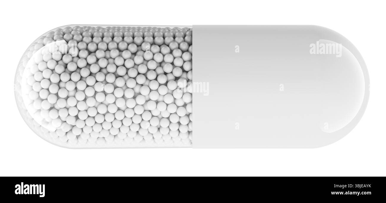 Una pillola bianca con microgranuli. Rendering 3D isolato su sfondo bianco Foto Stock