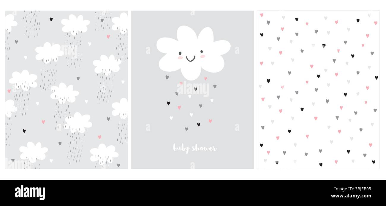 Nuvola bianca soffice e sorridente su sfondo grigio chiaro. Carta vettoriale per la doccia del bambino semplice per Baby Girl. Motivi senza cuciture con cuori e nuvole. Illustrazione Vettoriale