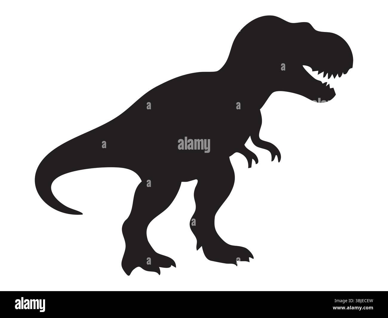 Silhouette nera del dinosauro Tyrannosaurus rex in posa ruggente, isolata su sfondo bianco, illustrazione grafica. concetto di animale preistorico, t-r Illustrazione Vettoriale