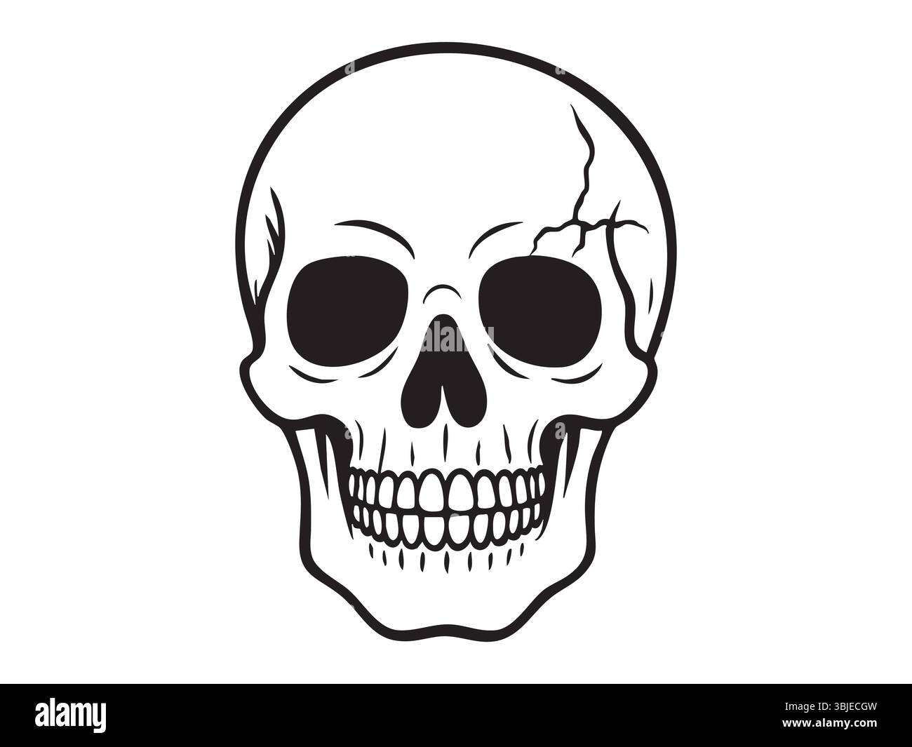 Contorno nero del cranio umano con incrinature isolate su sfondo bianco, illustrazione grafica. concetto di anatomia, arte del cranio, tema halloween, design ele Illustrazione Vettoriale