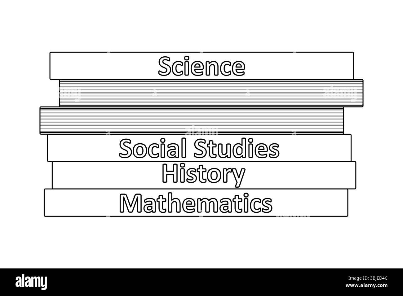 Colorare il contorno della pagina con una pila di libri di testo con iscrizioni sulla scuola per lezioni di scienze, studi sociali, storia e matematica. Per entert Illustrazione Vettoriale
