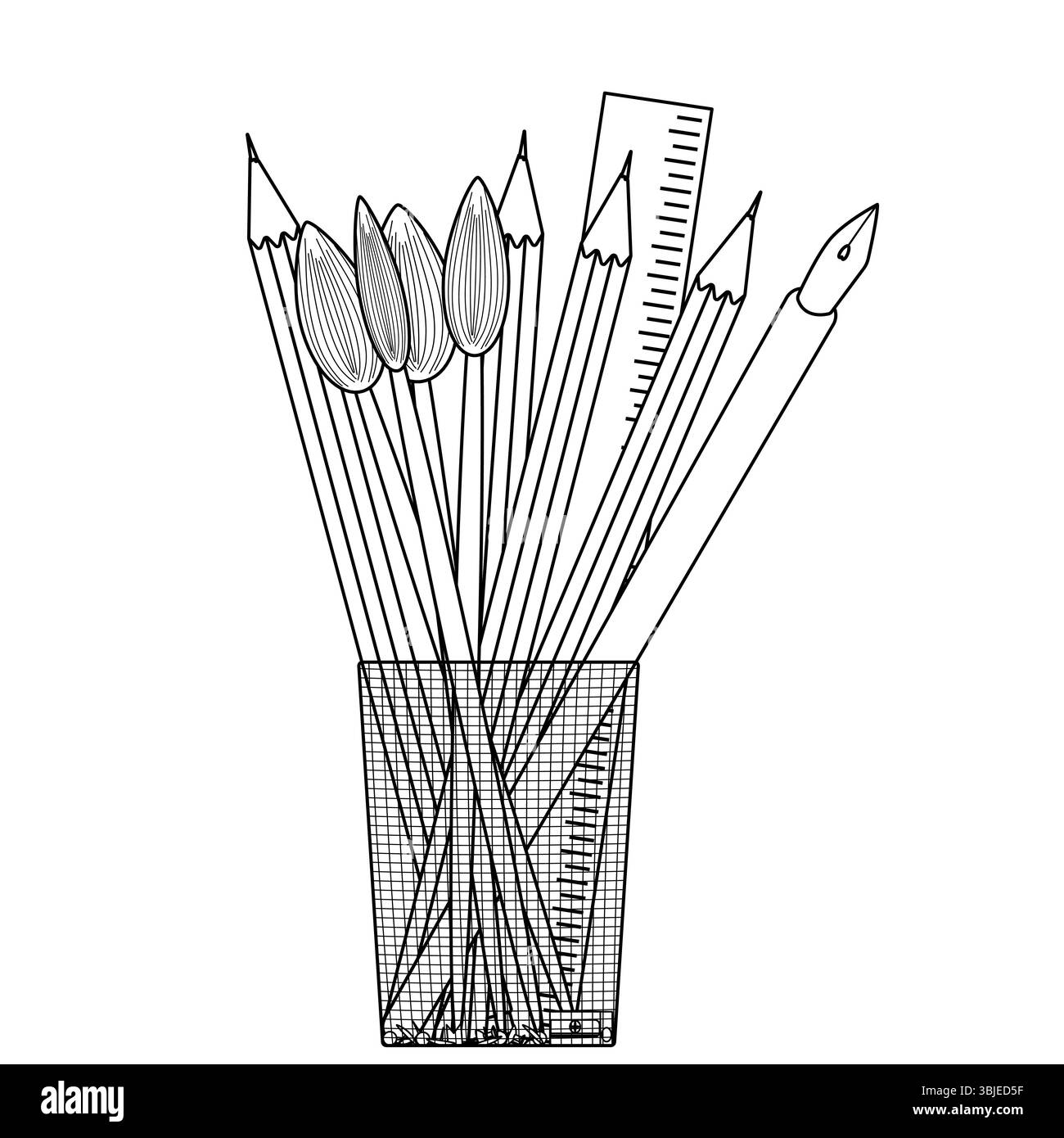 Pagina da colorare con disegno del contorno del portamatite riempito di matite, pennelli, righello e penna stilografica. Per intrattenere i bambini, torna a scuola Illustrazione Vettoriale