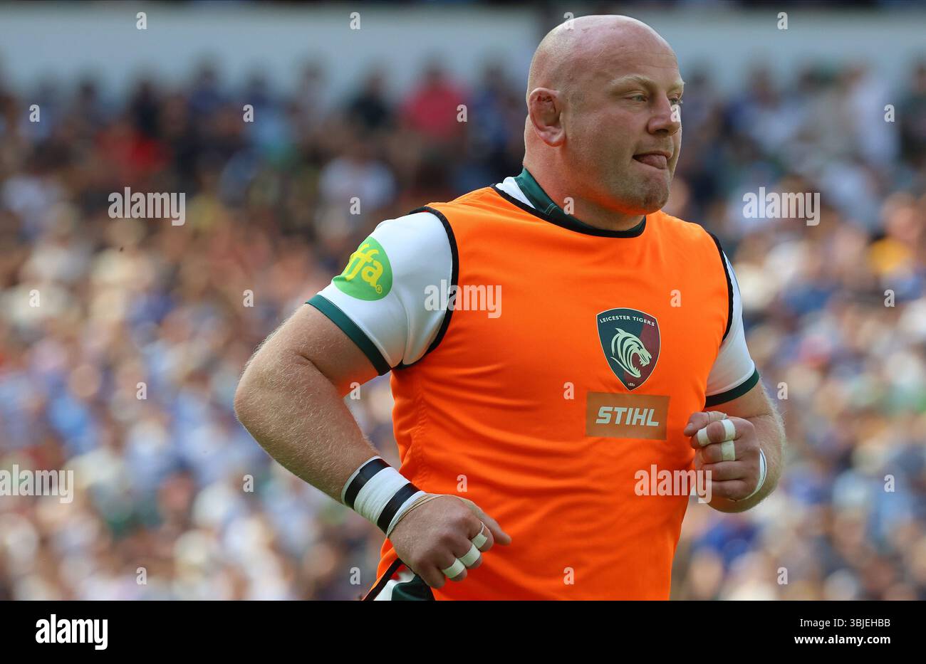 Dan Cole dei Leicester Tigers in Warm Up durante i play-off della Gallagher English Premiership tra Bath Rugby e Leicester Tigersat Allianz Stadium, Londra il 14 giugno 2025 Foto Stock