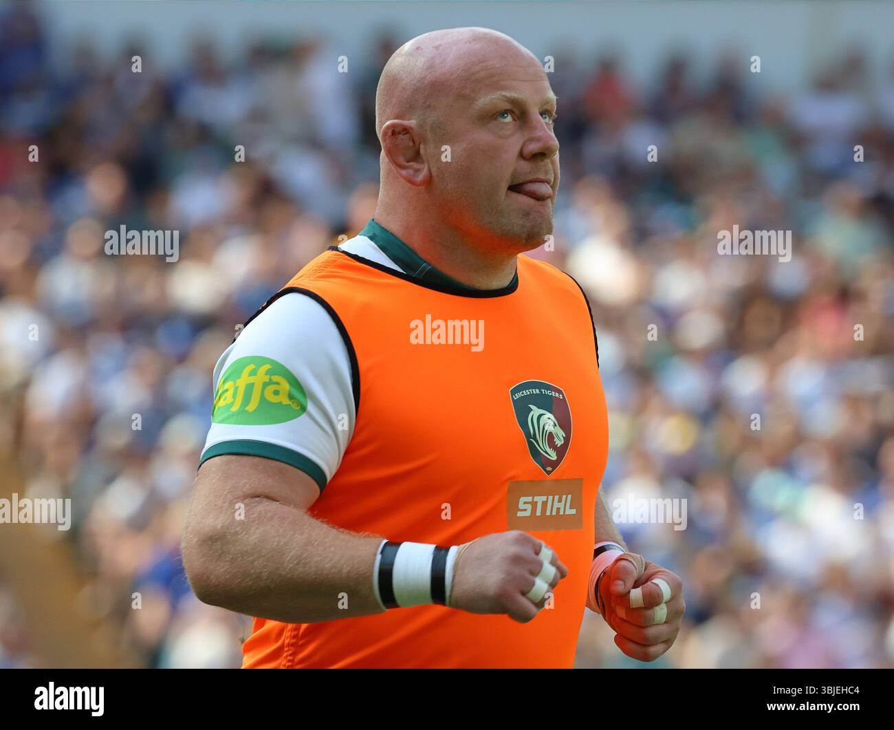 Dan Cole dei Leicester Tigers in Warm Up durante i play-off della Gallagher English Premiership tra Bath Rugby e Leicester Tigersat Allianz Stadium, Londra il 14 giugno 2025 Foto Stock