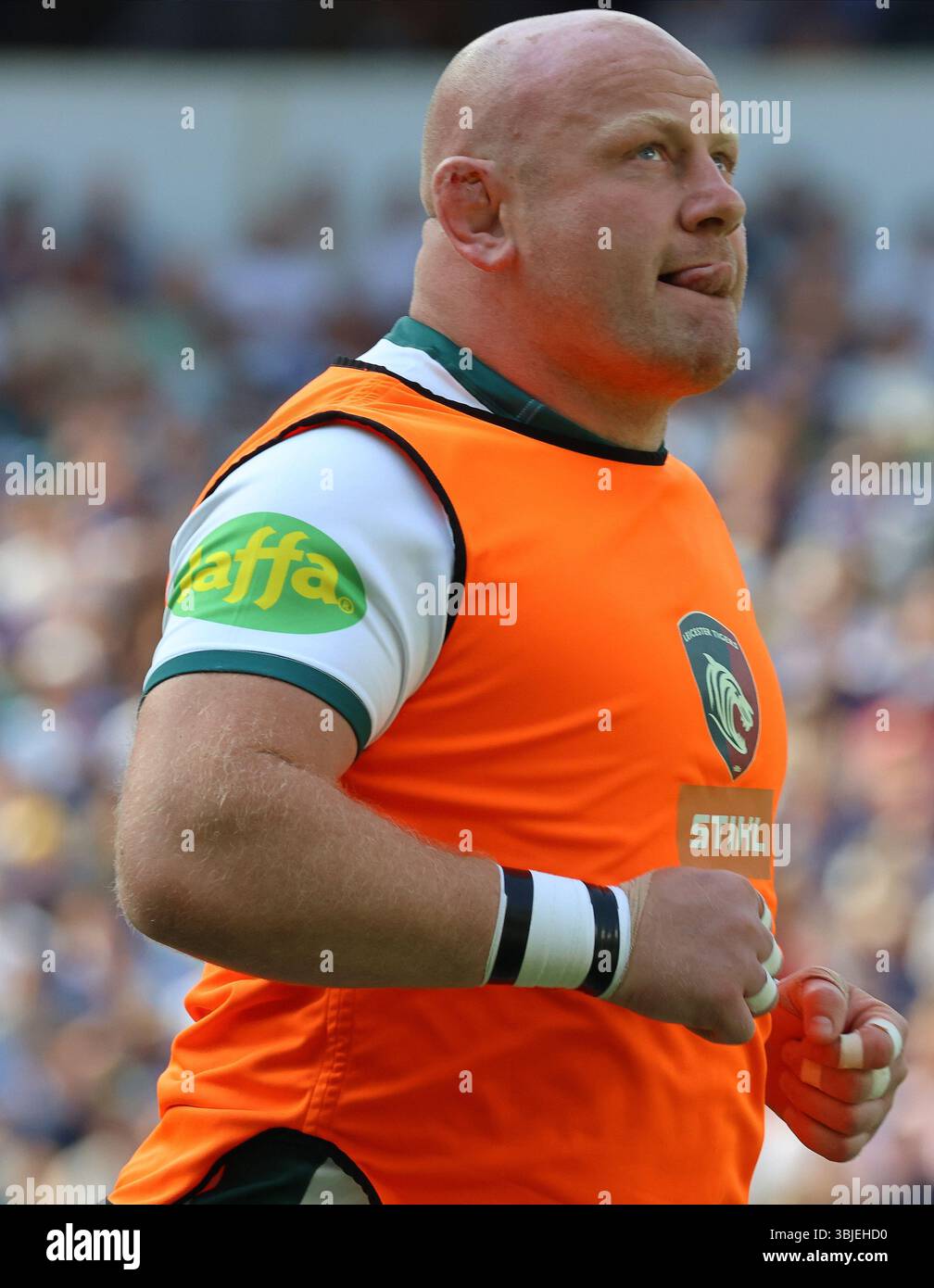 Dan Cole dei Leicester Tigers in Warm Up durante i play-off della Gallagher English Premiership tra Bath Rugby e Leicester Tigersat Allianz Stadium, Londra il 14 giugno 2025 Foto Stock