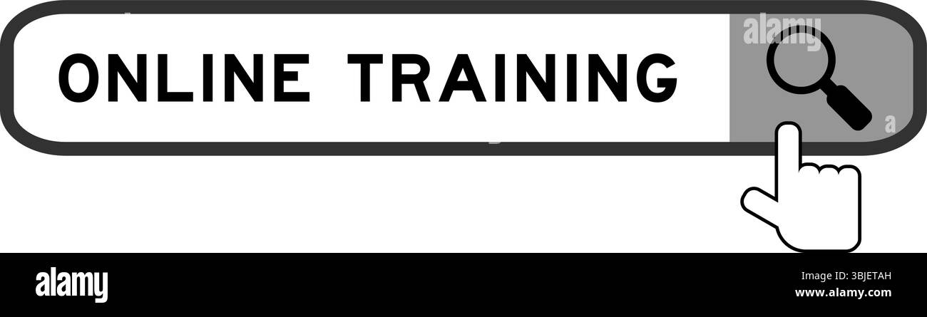 Banner di ricerca in Word training online con l'icona della lente di ingrandimento a mano su sfondo bianco Illustrazione Vettoriale