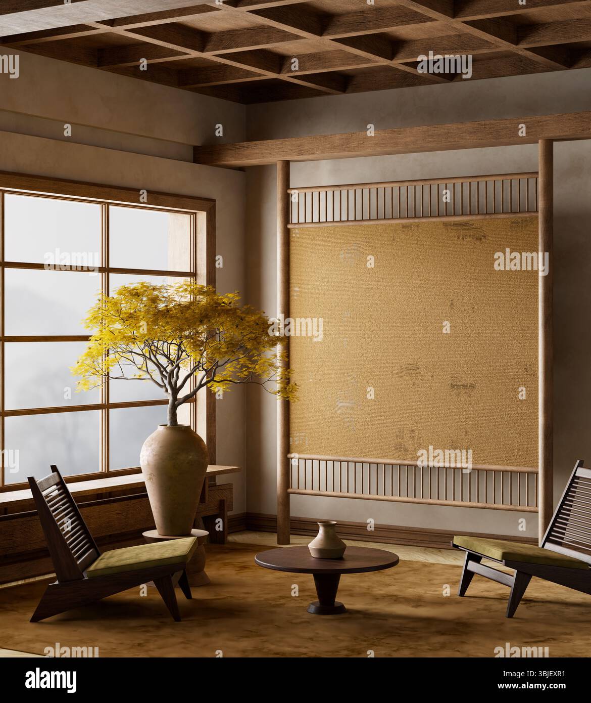 Camera moderna con tonalità terrose, posti a sedere bassi e vasi in ceramica. Un albero in vaso e decorazioni di ispirazione giapponese creano un'atmosfera tranquilla, elegante e minimalista Foto Stock