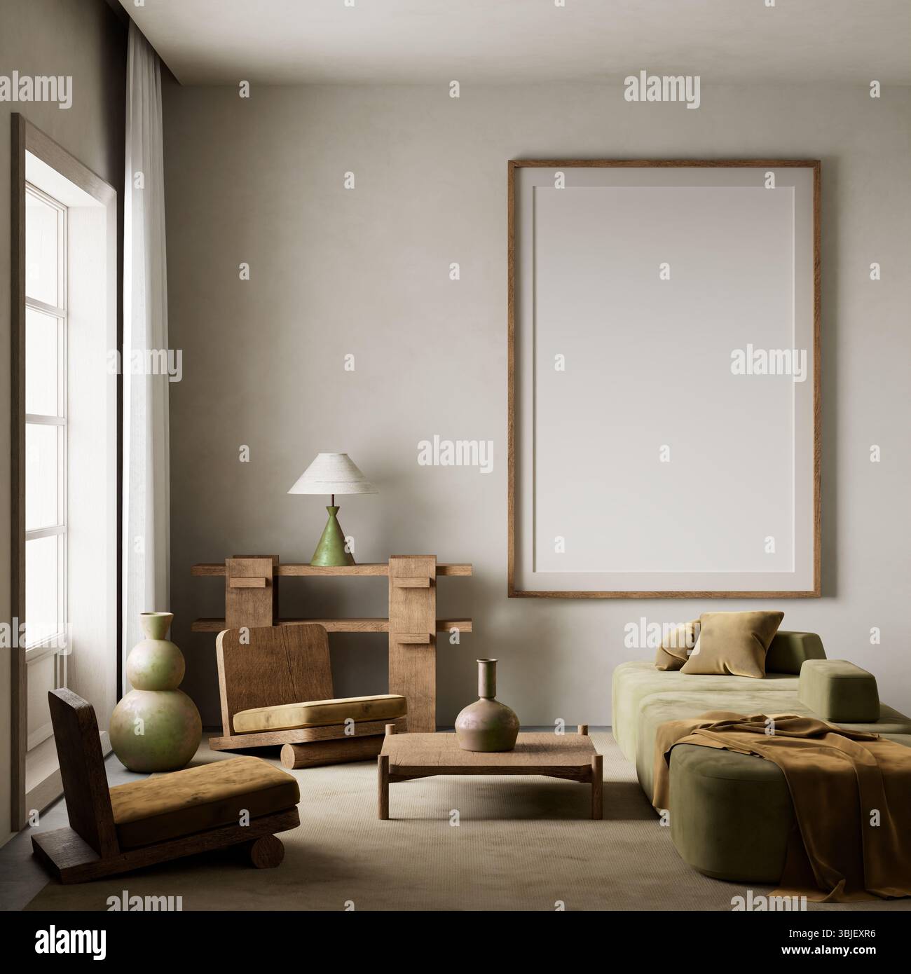 Un soggiorno tranquillo e minimalista caratterizzato da toni terrosi, mobili di basso profilo e luce naturale per un'atmosfera tranquilla e accogliente. Illustrazione 3D. Foto Stock