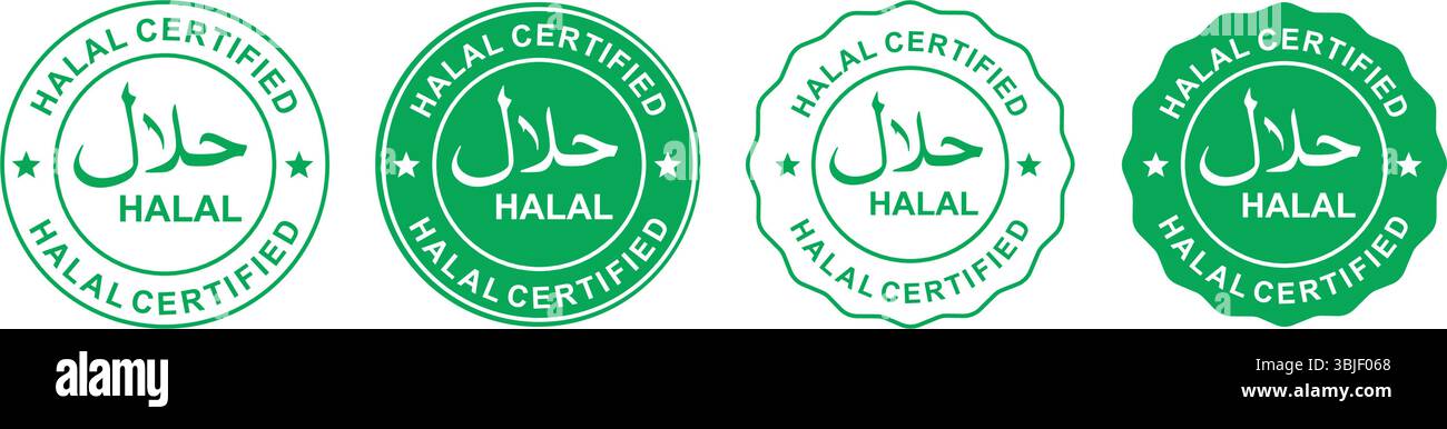 Halal rotondo con logo Vector. Icona delle etichette degli alimenti Halal. Emblema del prodotto arabo, logo Halal illustrazione del vettore verde. Icona Halal Food certificata. Illustrazione Vettoriale
