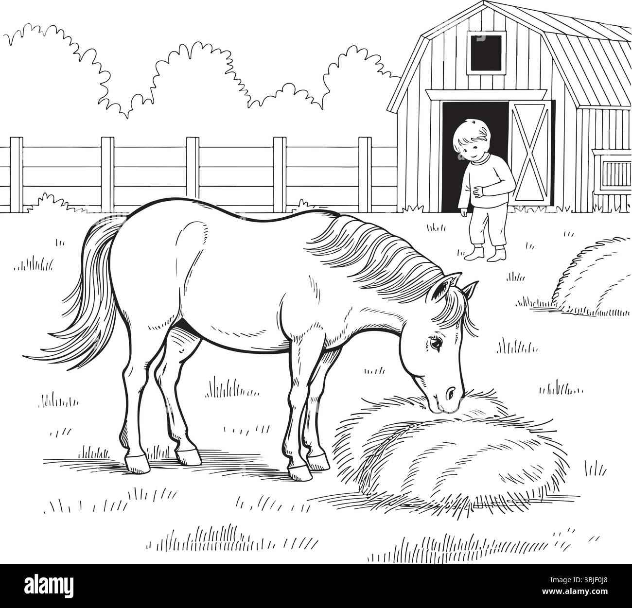 Graziosa fattoria con cavallo che mangia fieno e bambino vicino a fienile – pagina da colorare Illustrazione Vettoriale