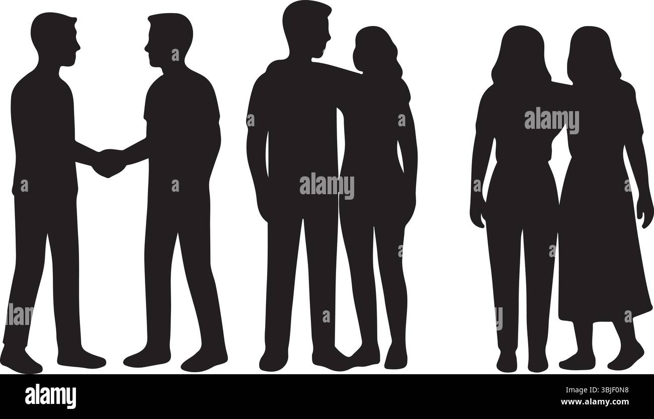 Friendship silhouette Vector – persone che abbracciano, stringono la mano e legano Illustrazione Vettoriale