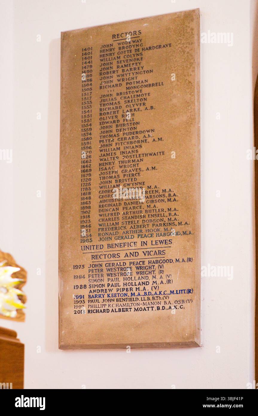 Elenco dei Rettori della chiesa di Sant'Anna a Lewes, era originariamente conosciuta come St Mary's Without in quanto era fuori dal confine della città Foto Stock
