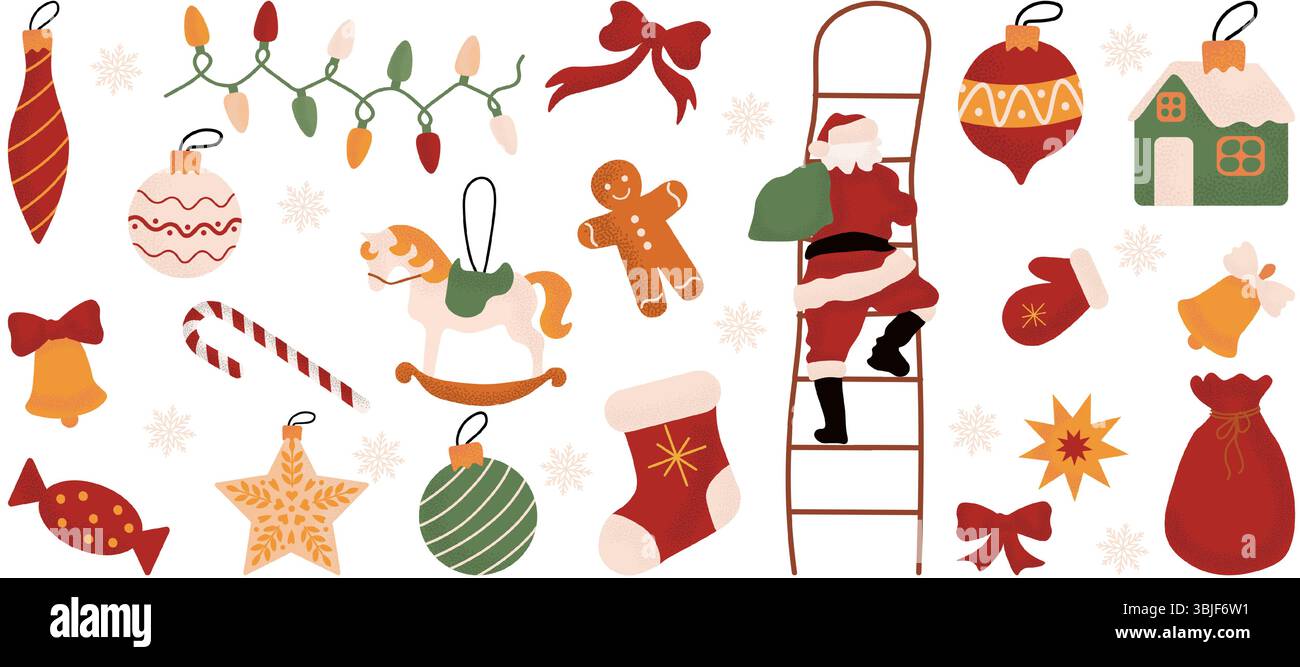 Grande serie di baubles e decorazioni per alberi di Natale. Collezione di bellissimi giocattoli decorativi. Ornamenti natalizi. Illustrazione vettoriale Illustrazione Vettoriale