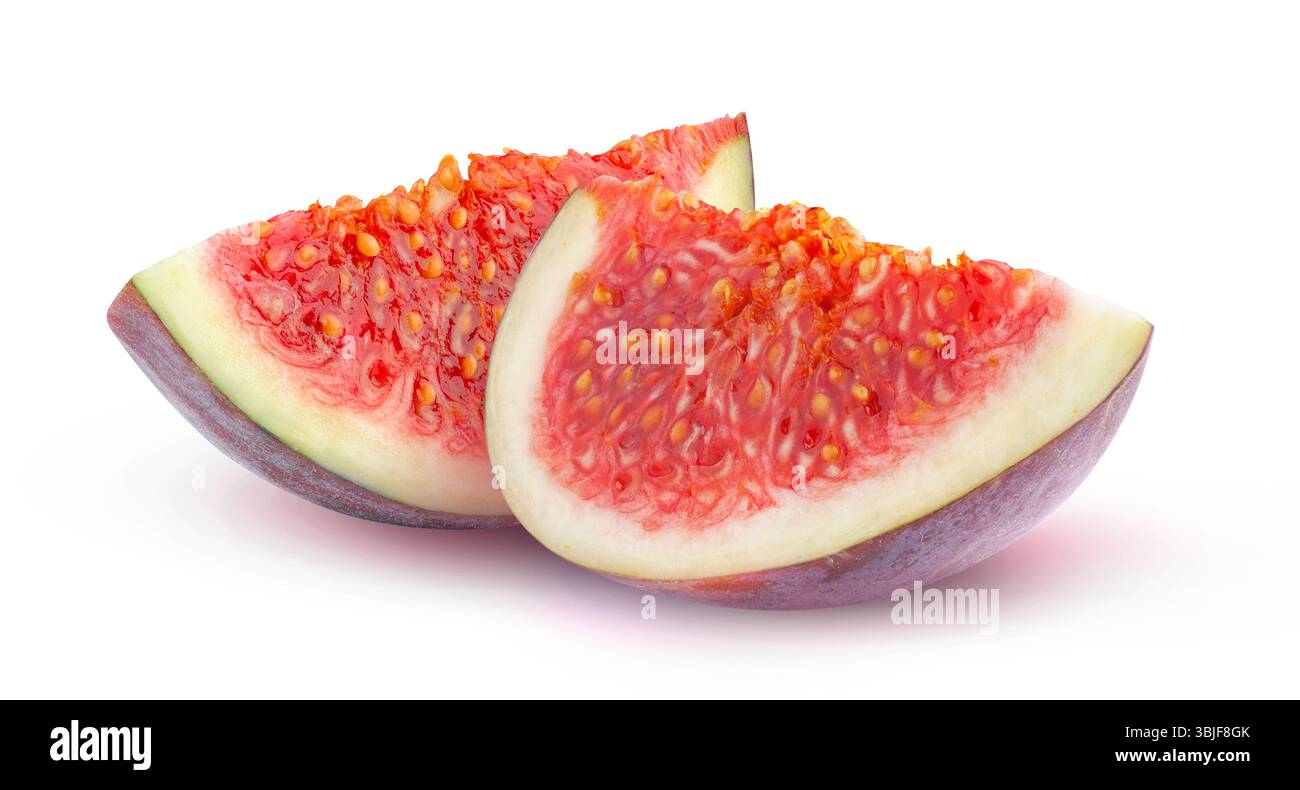 Due pezzi di frutta fresca di fico isolati su bianco Foto Stock