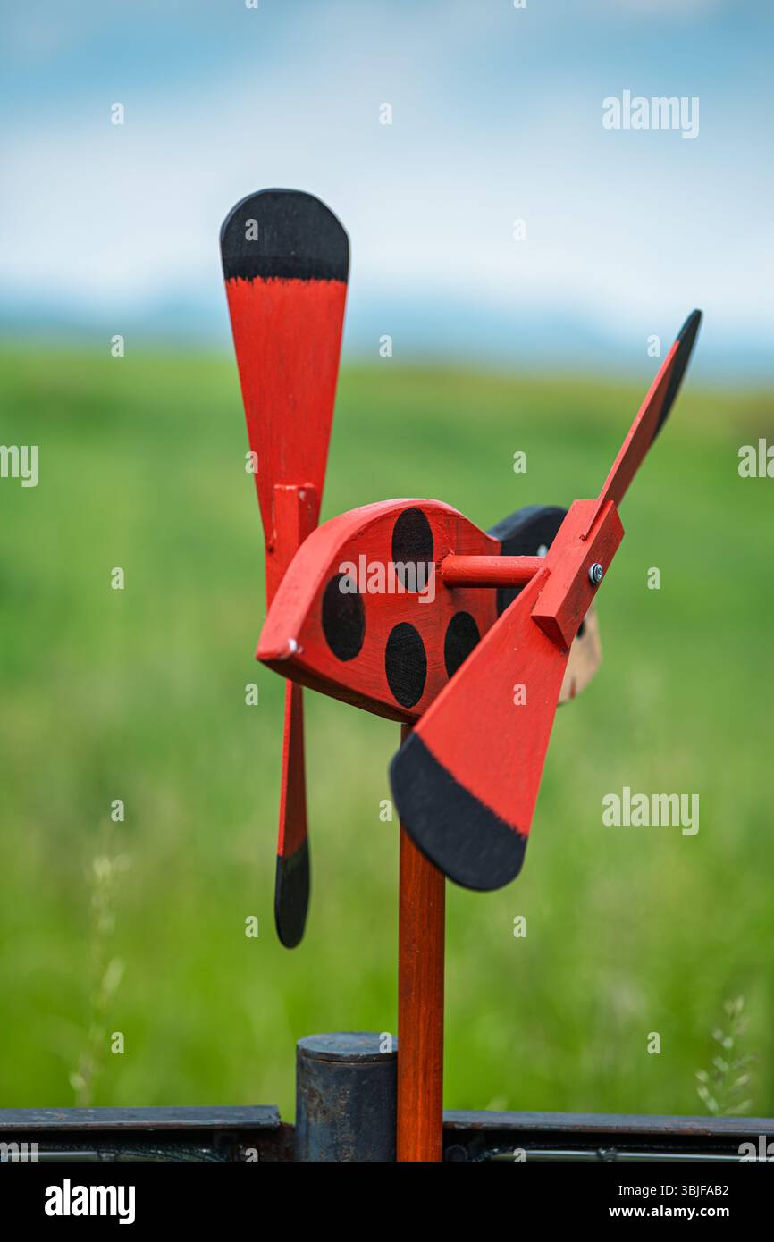 Scatto verticale di una coccinella di legno con ali come eliche che girano nel vento Foto Stock