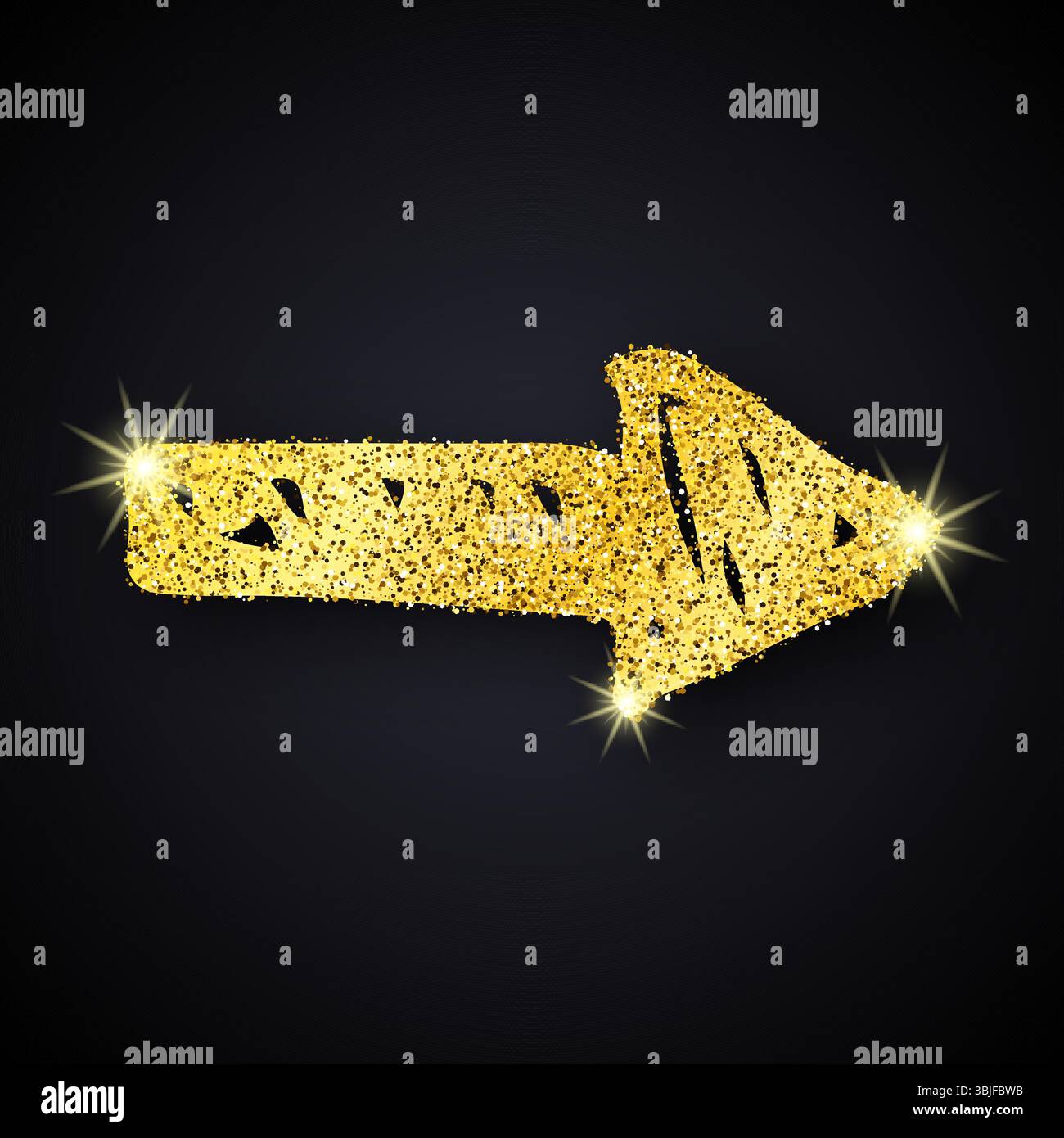 Freccia disegnata a mano con glitter dorato. Freccia Doodle con effetto glitter dorato su sfondo scuro. Illustrazione vettoriale Illustrazione Vettoriale