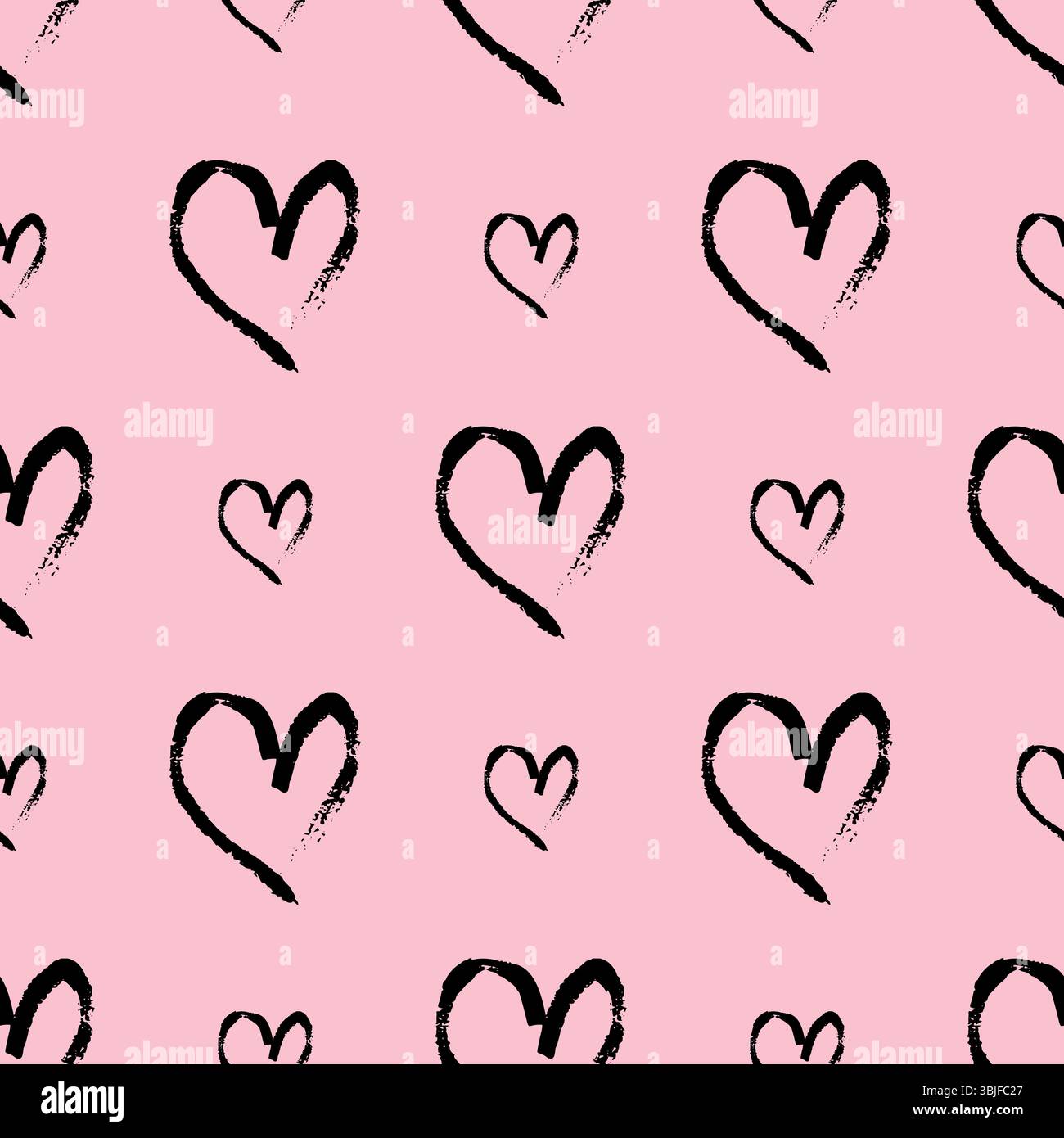 Motivo senza cuciture con cuori disegnati a mano. Doodle grunge cuori neri su sfondo rosa. Illustrazione vettoriale. Illustrazione Vettoriale