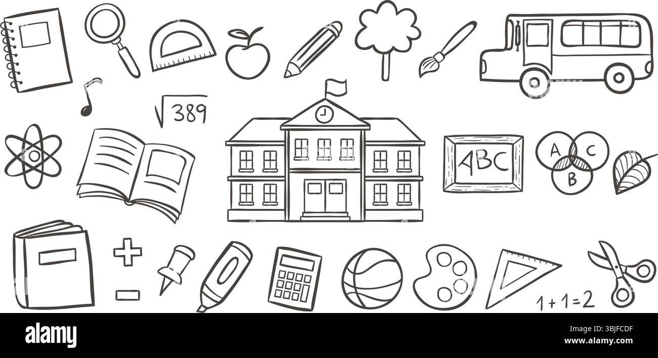 Simpatiche icone disegnate a mano per la scuola, perfette per disegni di adesivi, social media, stampe e progetti di creazione. Un totale di 27 disegni di icone. Illus vettoriale Illustrazione Vettoriale