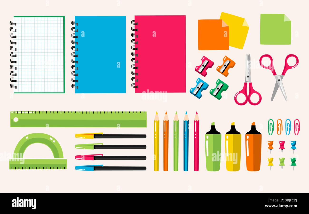 Materiale scolastico carino in stile piatto, perfetto per progetti di striscioni, composizione di social media, stampe e progetti di creazione. Un totale di 36 articoli. Ve Illustrazione Vettoriale
